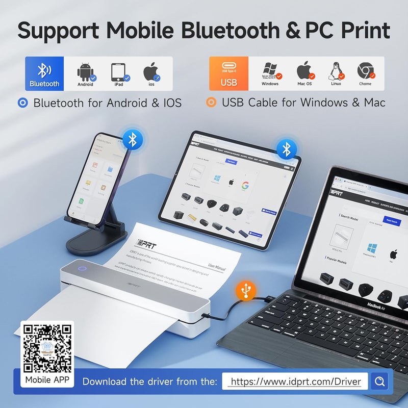 iDPRT Portable Printer Wireless for Travel - Bluetooth Mobile Printer Support for 8.5"x11" US Letter, Inkless Compatible with iOS, Android, Laptop for Office, Car and Home (300DPI, White) - Image 2